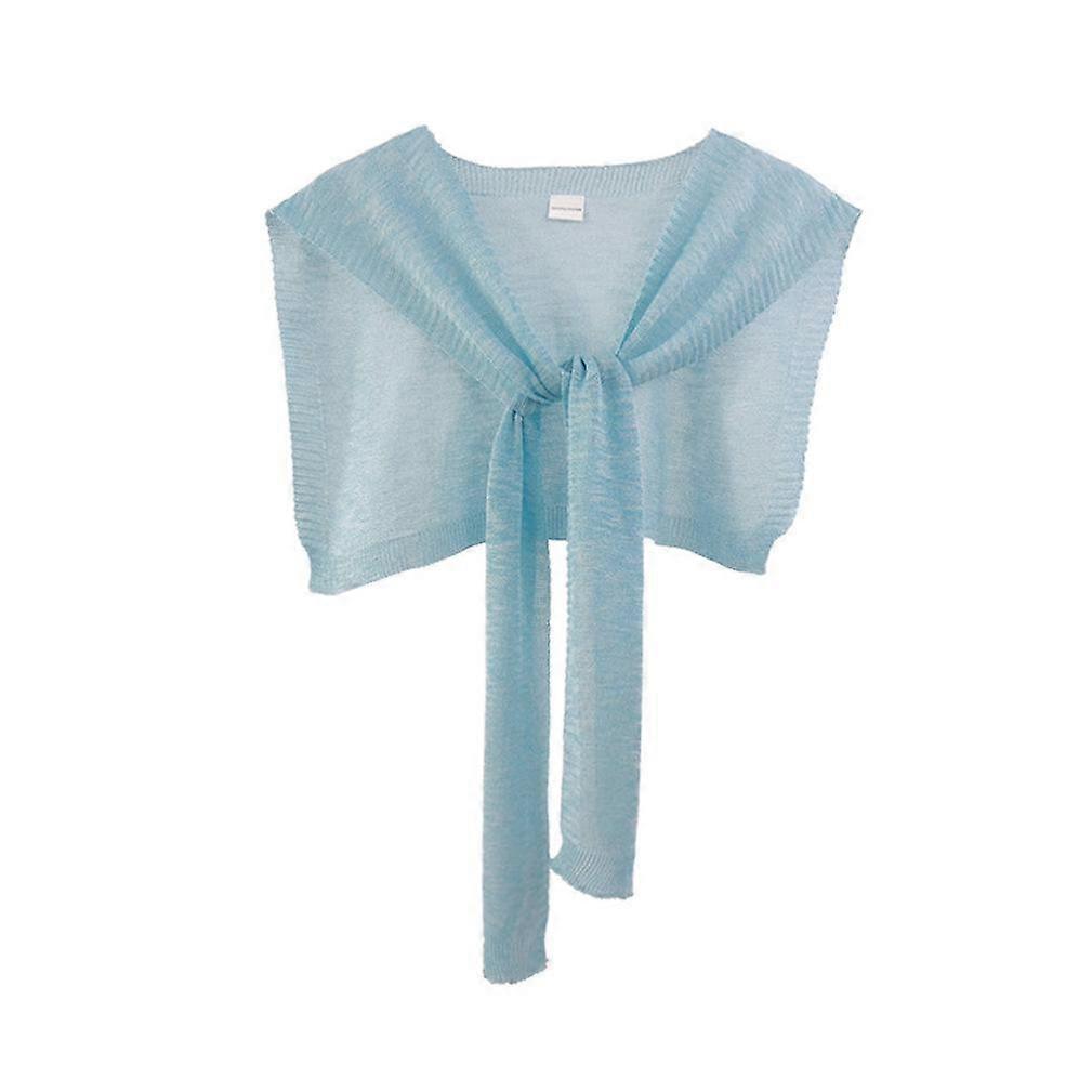 Summer Short Poncho Solid Blue Knitting Lightweight Cloak for Women