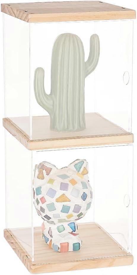 2 Tier Acrylic Figure Display Case 5.9x5.9x11.8inch Moccasin Wood Base & Top Storage Box Countertop Acrylic Building Block Display Box Action Figure T