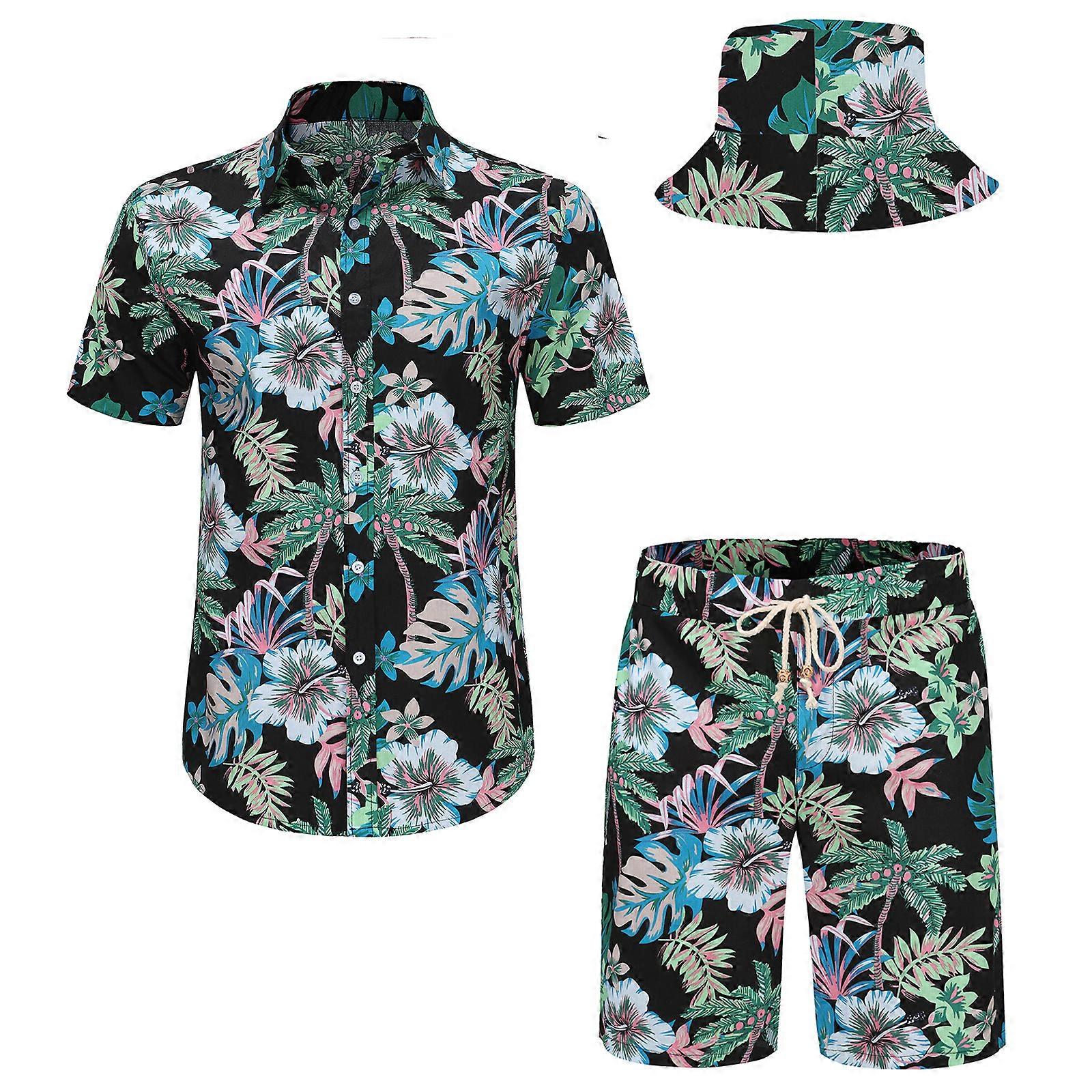 Men's Hawaiian Shirt and Short Set with Bucket Hats