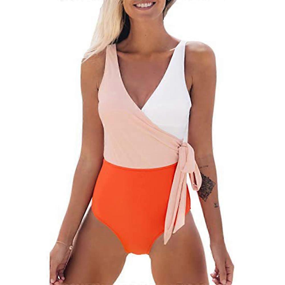 Women's One Piece Swimsuit Wrap Color Block Tie Side Bathing Suit
