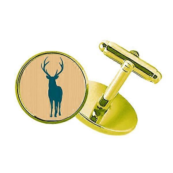 鹿の動物ブルーウッド穀物スタッズビジネスメタルカフリンクスゴールデン