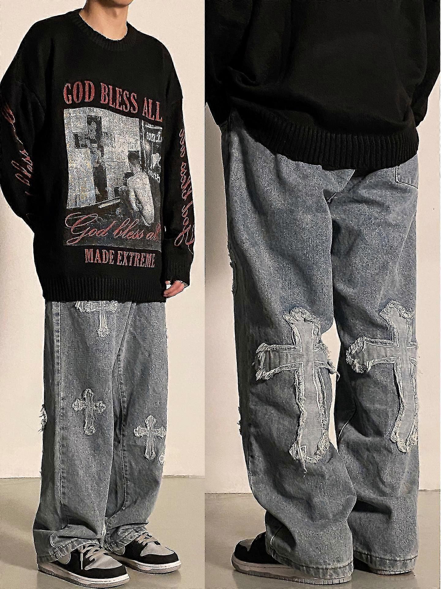 V-hanver גברים בגדי רחוב רחב ג'ינס מכנסיים לחצות היפ הופ גברים רופף מכנסי ג'ינס נשים גדול החבר ג'ינס ג'ינס ג'ינס