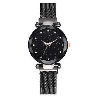 Montre-bracelet à quartz à bracelet magnétique pour femmes décontractées avec décoration de strass (noir)