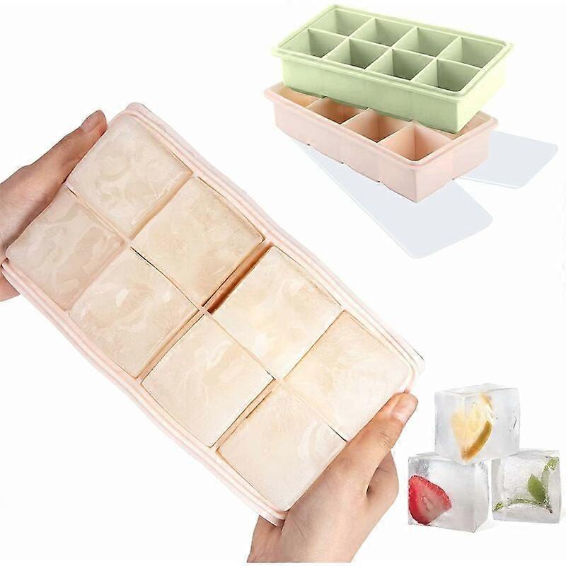Square Ice Cube Molds, 2 Pack XXL Silicone Ice Cube Molds with Lids - Flexible, BPA Free and FDA Approved (Pink-Green)