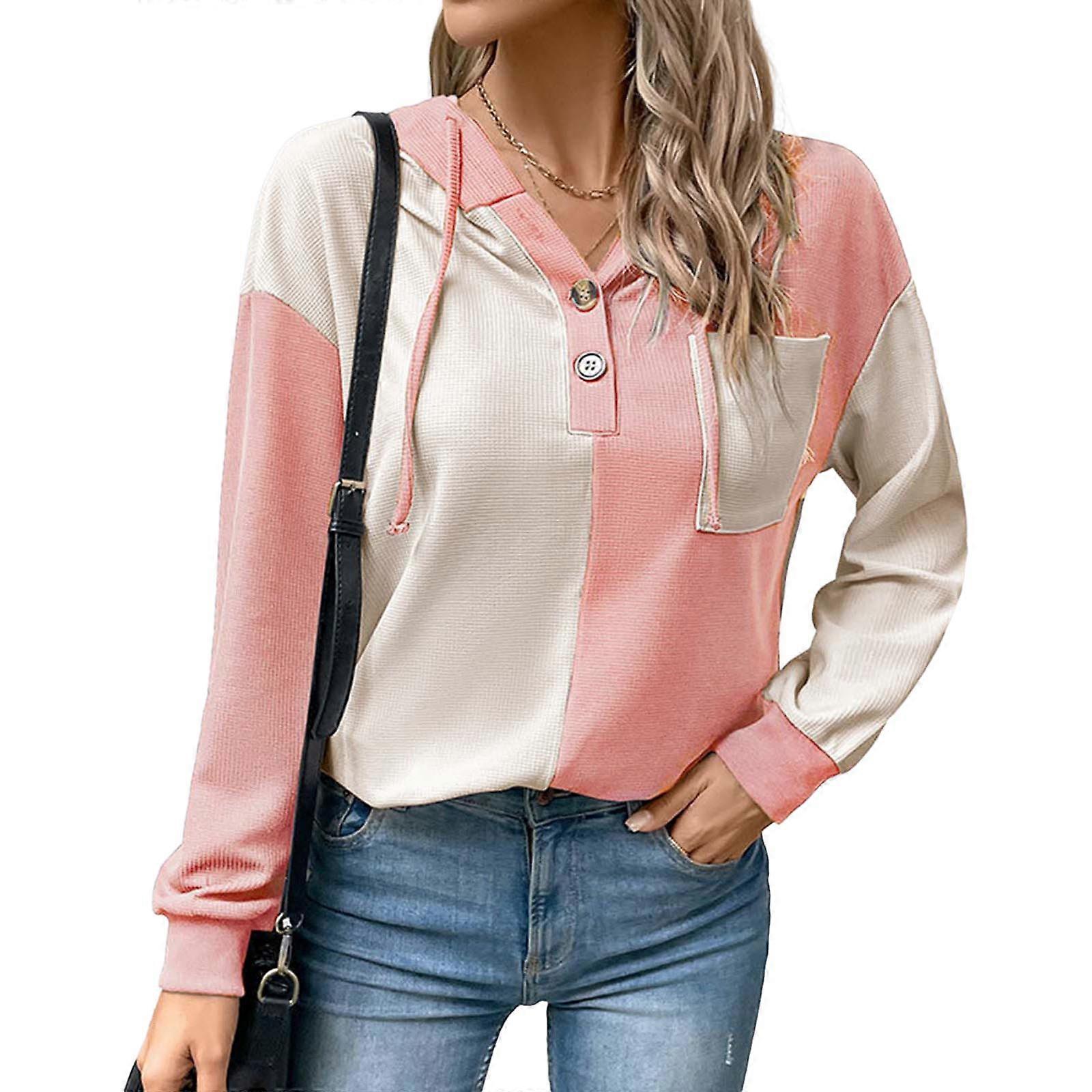 Felpa con cappuccio casual per donna Vibrant Color Block Comodo Pullover a maniche lunghe con tasche Rosa XL