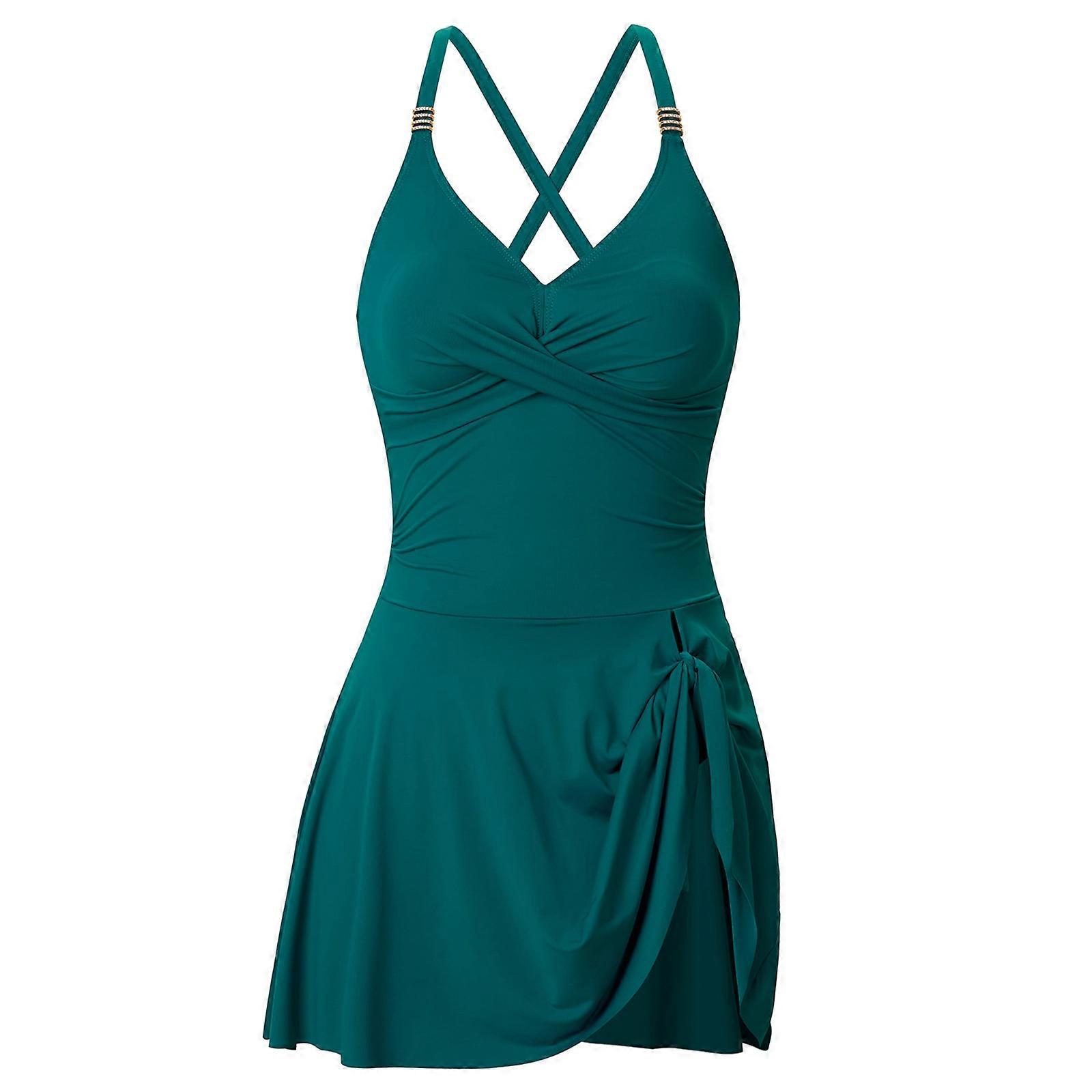 Maillots de bain pour femmes Robe de bain à col en V Sangle réglable Jupe Maillot de bain Dames Ruché Robe de bain avec slip Vert paon XL