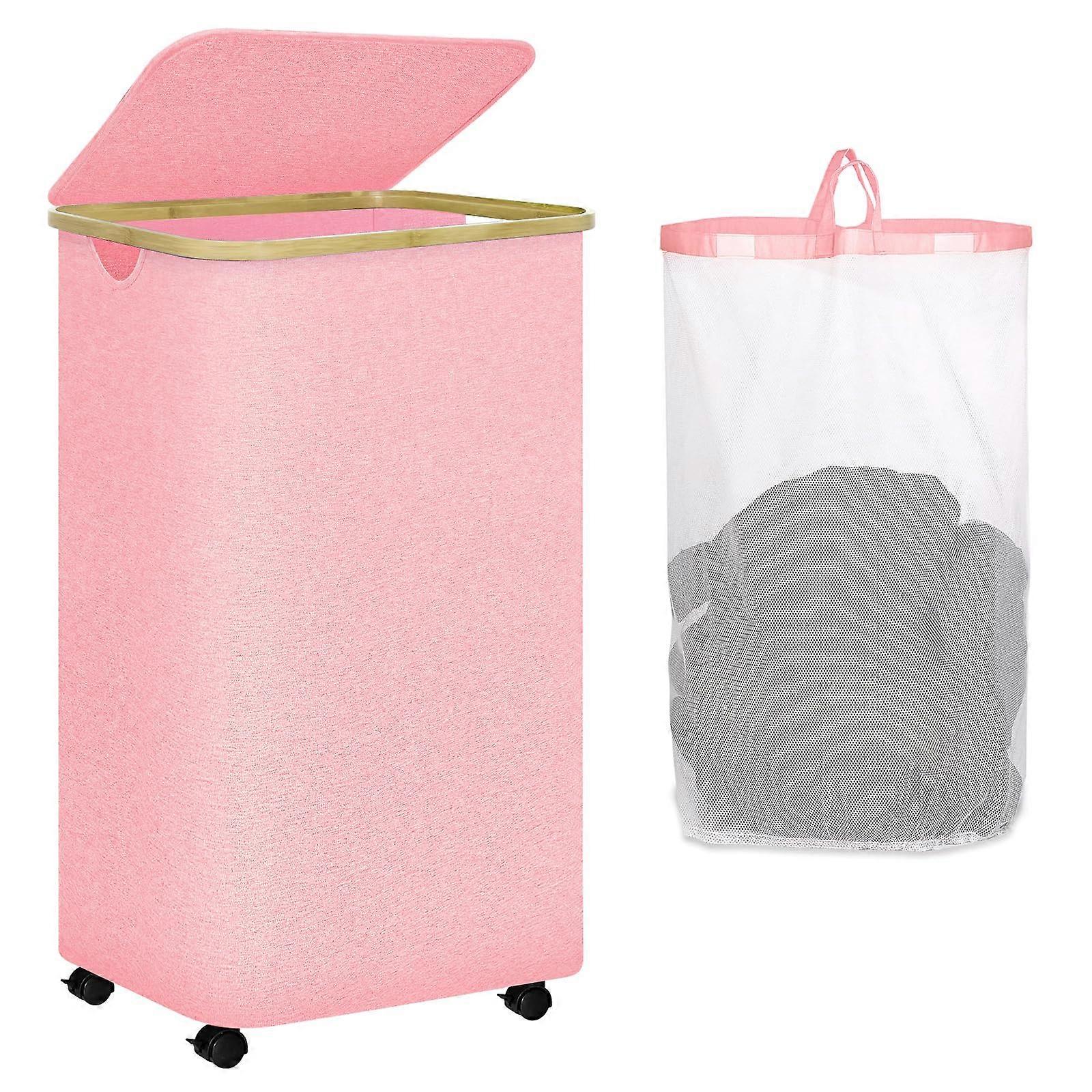 100L Pink Laundry Hamper on Wheels, Large Hamper with Wheels and Lid, Collapsible