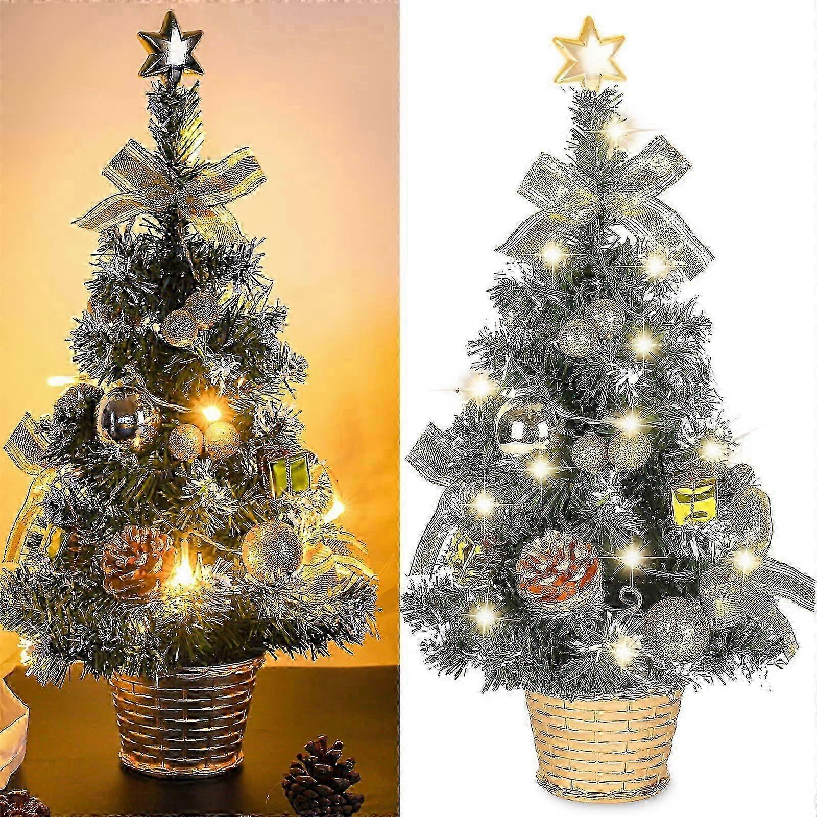 Mini Artificial Christmas Tree, Small Christmas Tree with LED Lights, Mini Tabletop Tree Decoration for Office, Bar, 40cm (Gold)--Uki