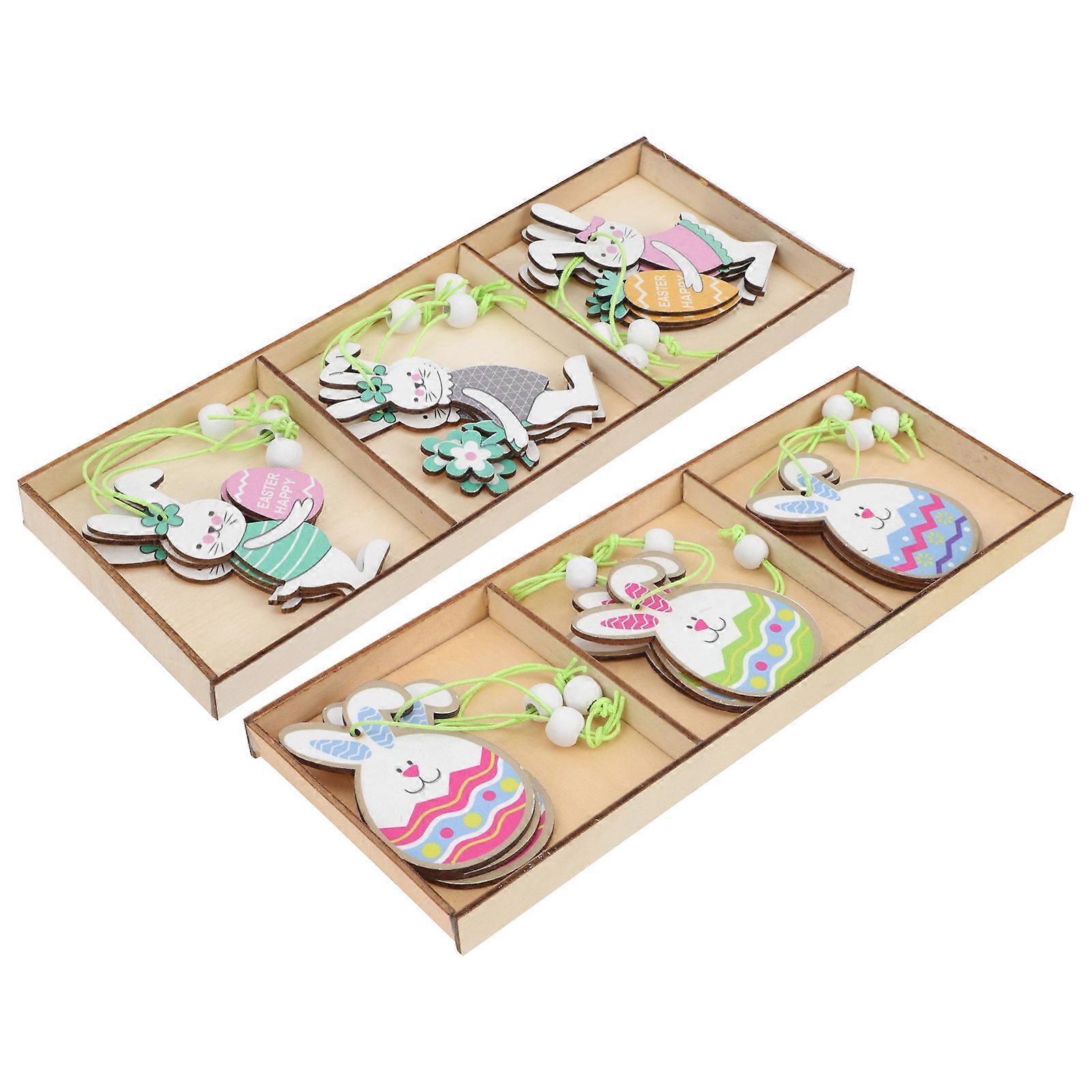 Wooden Rabbit Shaped Hanging Ornament Ideal For Indoor And Outdoor Use Multi Color 18Pcs