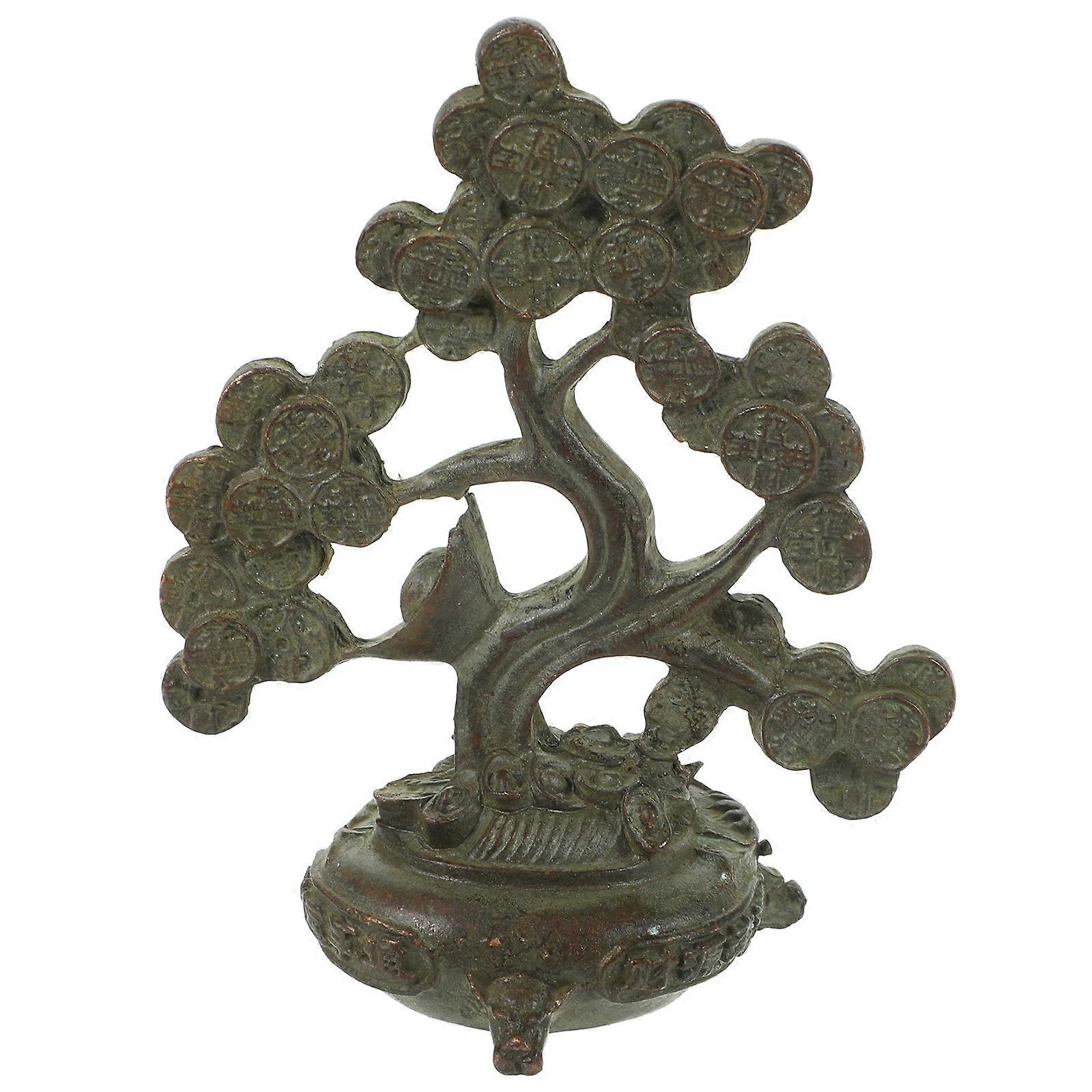 Tabletop Fortune Tree Chinese Style Copper Craft Money Tree Ornament Dark Grey 4.32X3.54X2.04in Office Decoration 1Pack
