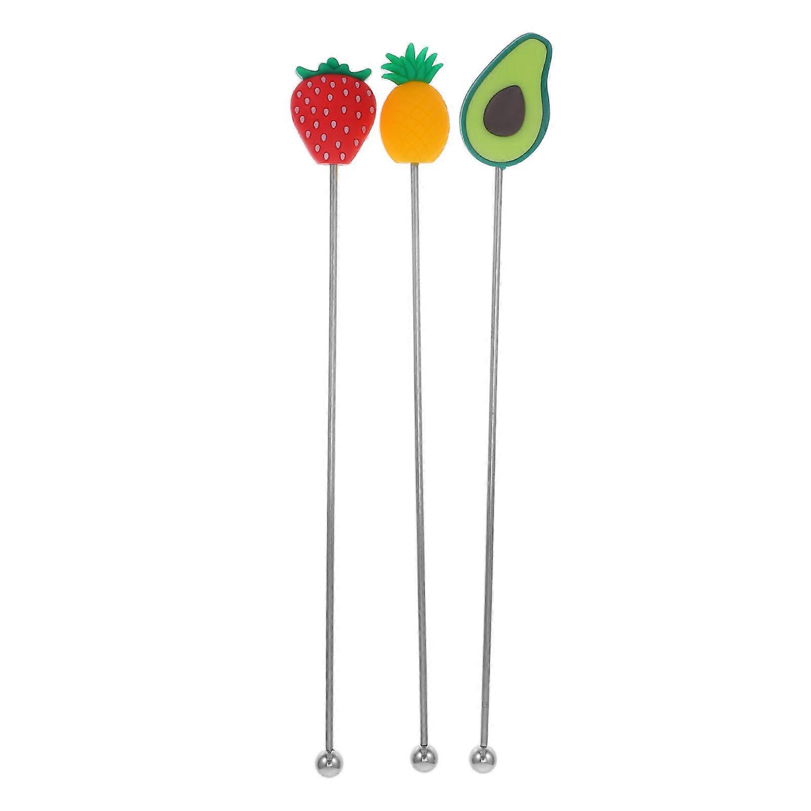 Μπαστούνια ποτών Swizzle Sticks Topper φρούτων σιλικόνης αναδευτήρων ποτών ανοξείδωτου για το κατάστημα τσαγιού γάλακτος 3Pcs