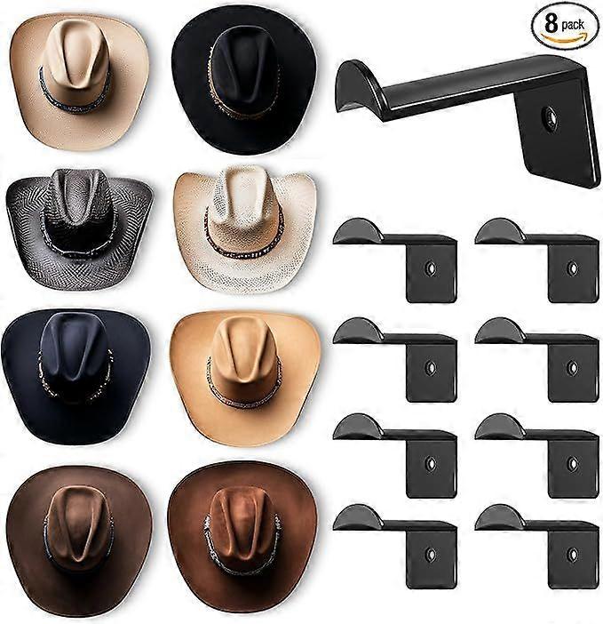 2.8 Inch Hat Hooks for Wall - (8 Pack) Cowboy Hat Rack, Strong Adhesive Cap Holder, Organizer for Baseball Caps, Western Room Decor