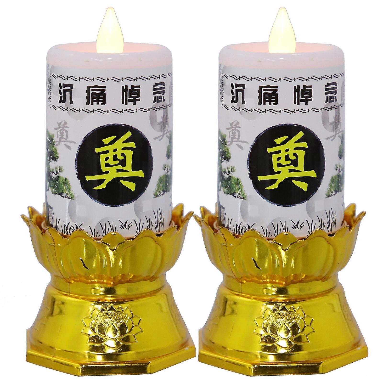 White Plastic Chinese Style Funeral Candlestick with LED Light for Decor 2Pcs