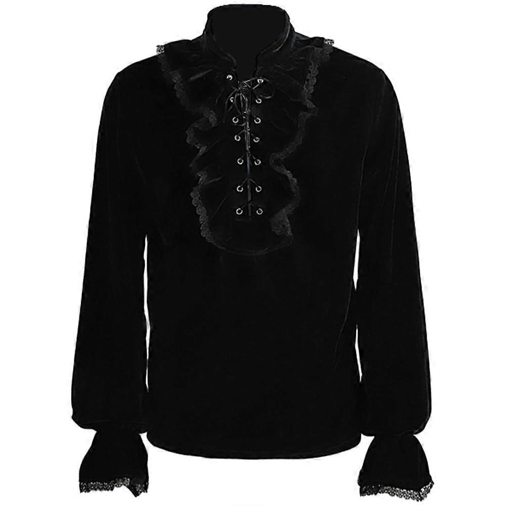Medieval Men's Shirts, Ruffled Gothic Top with Lace Up Detail, Steampunk Victorian Costume, Black Blouse for Cosplay