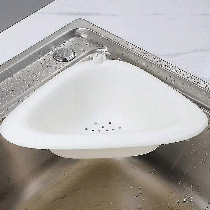 Triangular Sink Strainer with Sponge Holder, Drain Rack for Kitchen and Bathroom, Corner Organizer, White, One Size