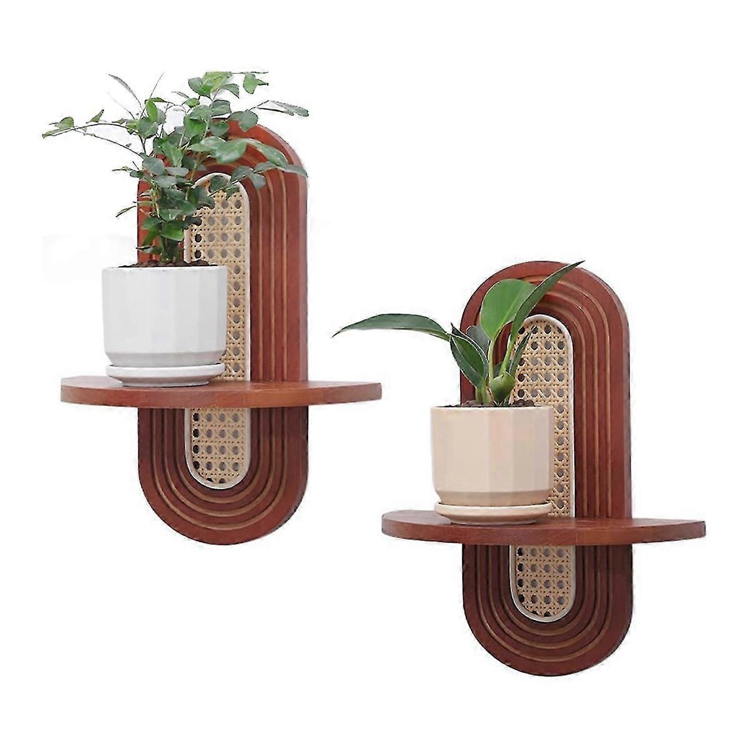Wall Rattan Shelf Set of 2,Boho Rustic Wood Floating Shelves Wall Mounted, Small Plants Picture Ledge Decoration