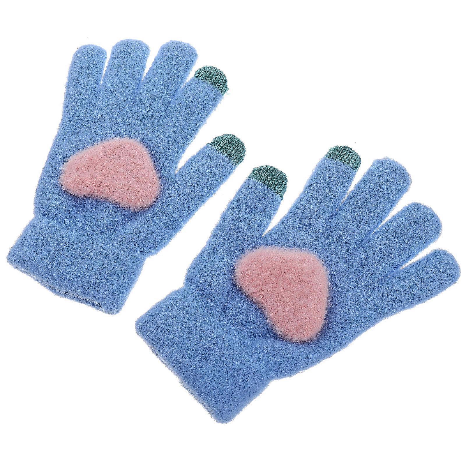 Touchscreen Winter Gloves Blue Knitted 2Pairs with Heart Design