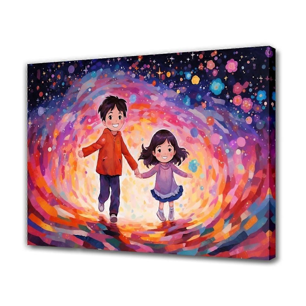 Children Joyously Running Through Starry Colorful Tunnel Canvas Poster, 8x12inch - Frame-style, Bedroom & Office Decor Gift