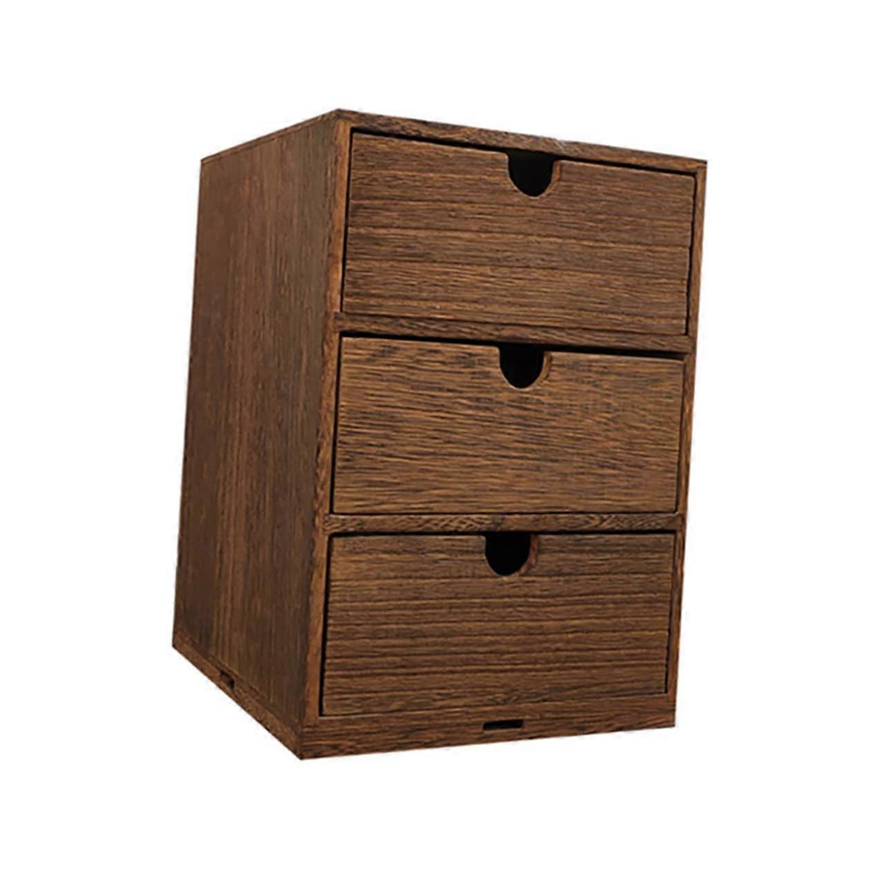 Three Layers Wood Storage Box Brown Desktop Organizer Pull Out Large Capacity For Home And Office