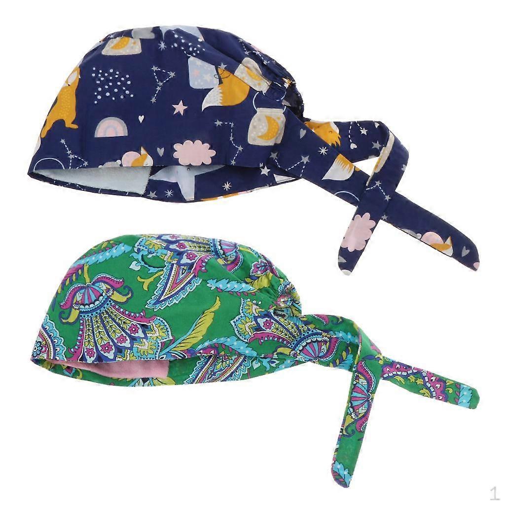 2 Pieces Adjustable Scrub Cap Cartoon+Green