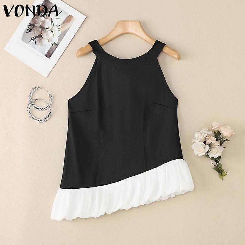 VONDA Women Sleeveless Irregular Patchwork Back Knot Ruffled Tank Tops
