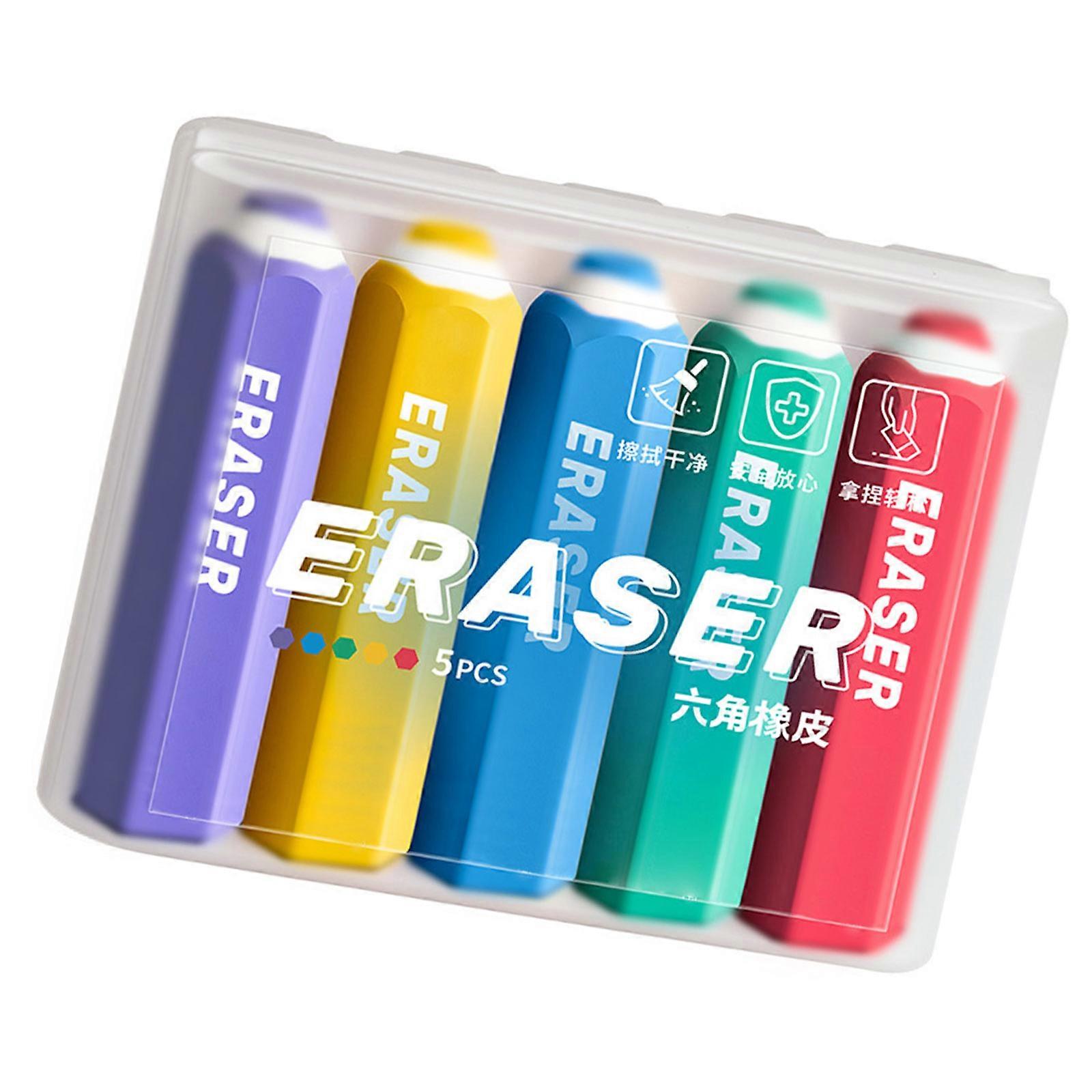 5PCS Novelty Colorful Pencil Shape Erasers Easy Erasing Hexagonal Grip Erasers for Kid Student Sketching Drawing Writing Multicolor