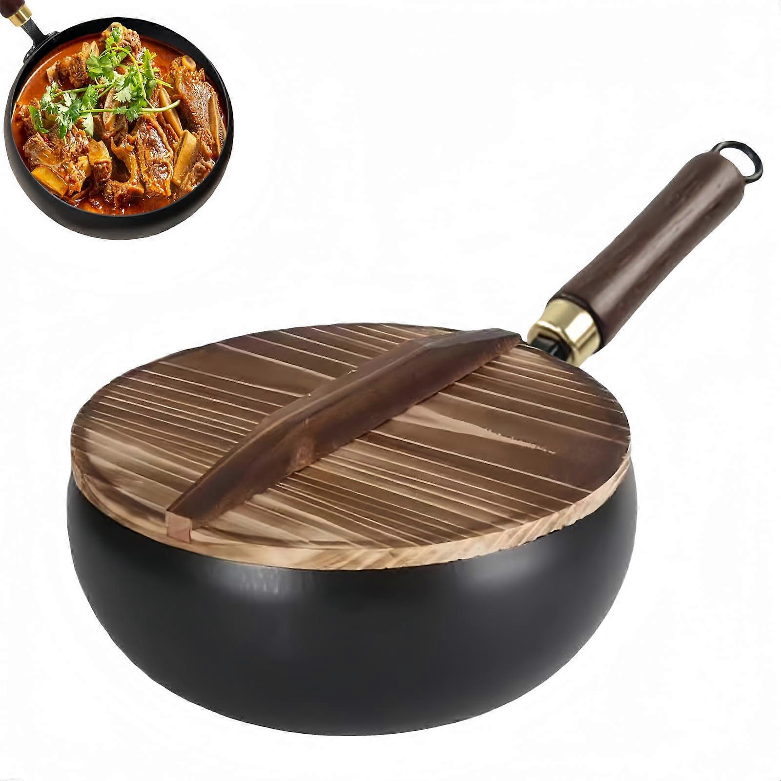 Cast Iron Skillet with Wooden Handle and Lid, HandForged NonStick Frying Pan for Gas and Induction Cooking