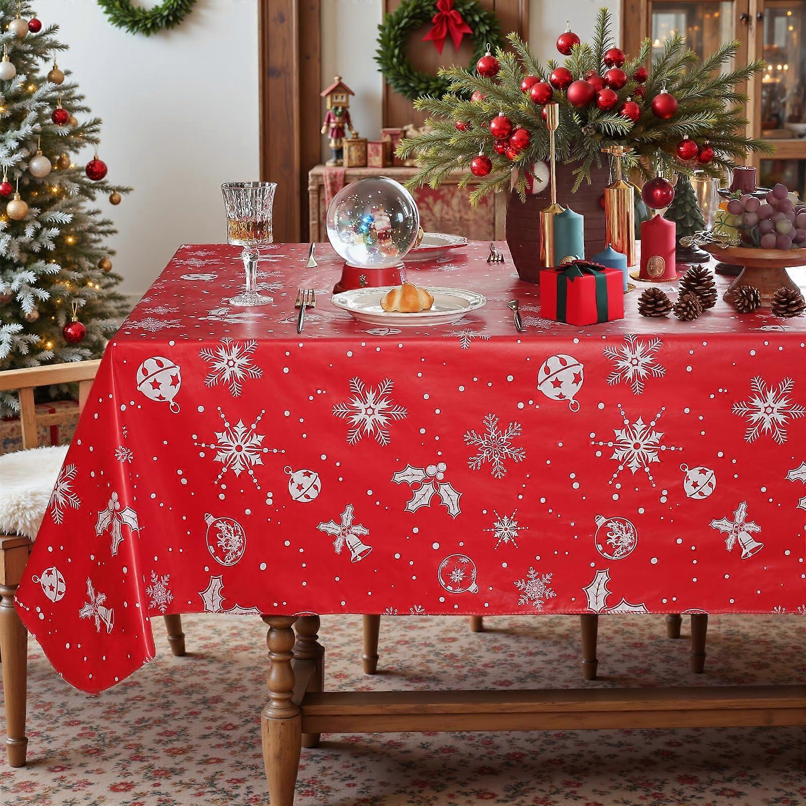 Christmas Vinyl Tablecloth Waterproof Rectangular Holiday Table Cover with Snowflake Design 60'x102' Red