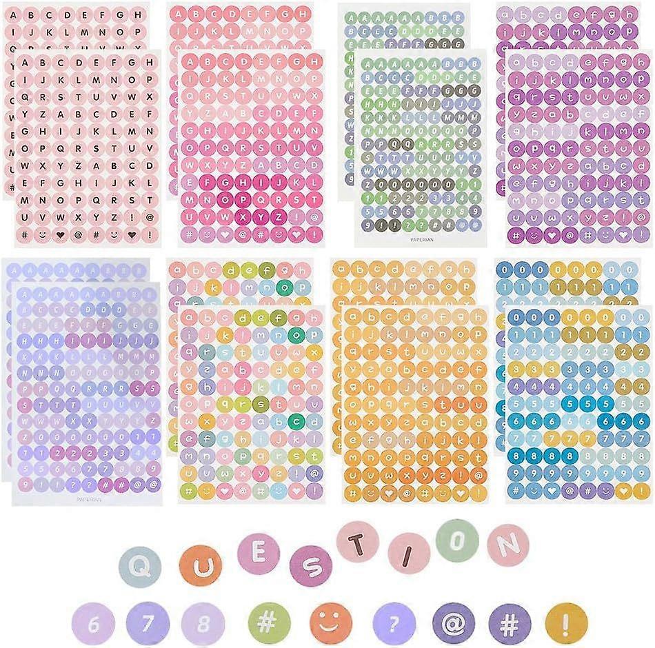 32sheet 8 Color Colorful Alphabet Number Stickers 10mm Small Letter Number Stickers Round Scrapbooking Self Adhesive Stickers for Diary Album Notebook