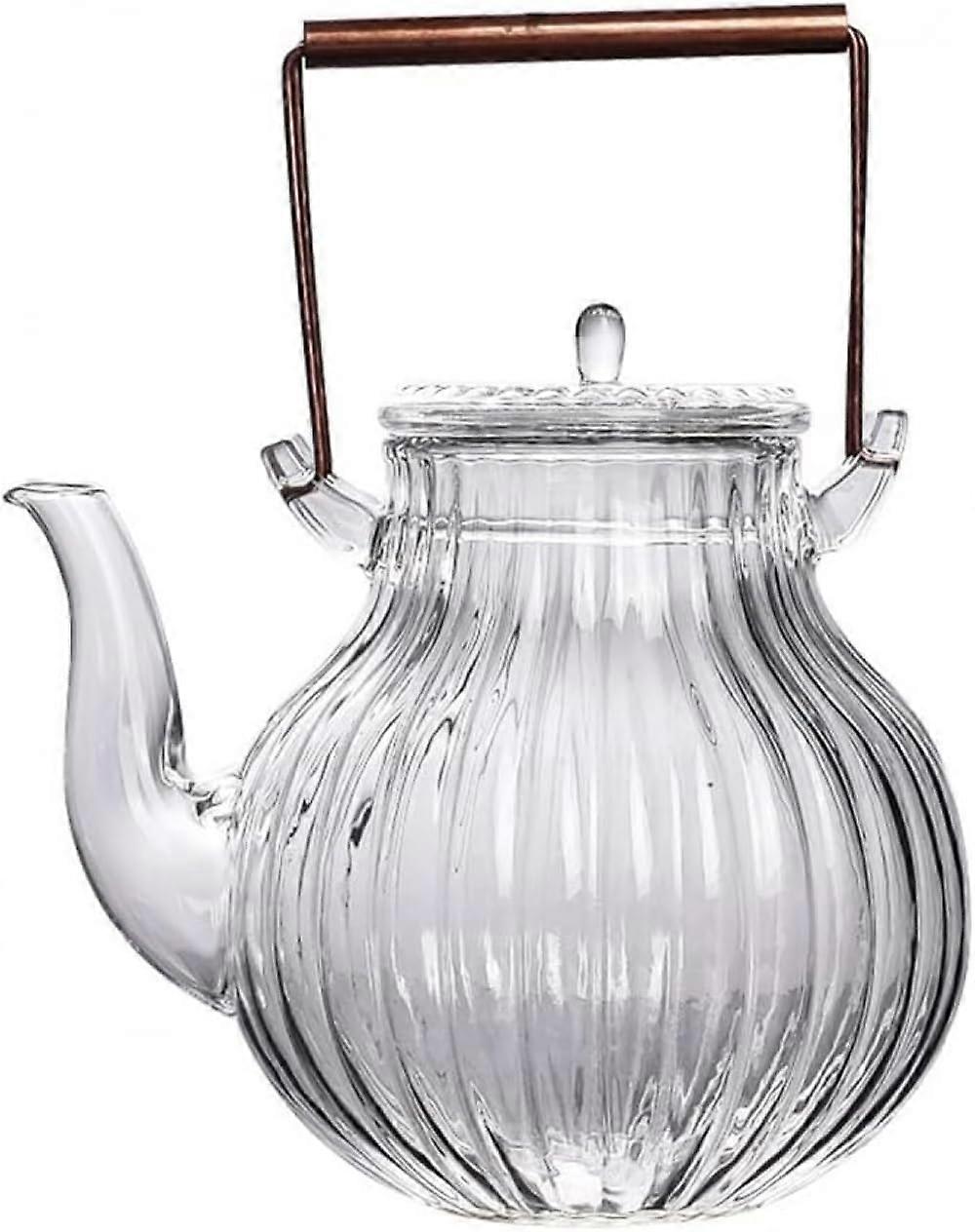 Glass Teapot with Copper Handle, Borosilicate Temperature Brewing, Elegant Petal Pattern