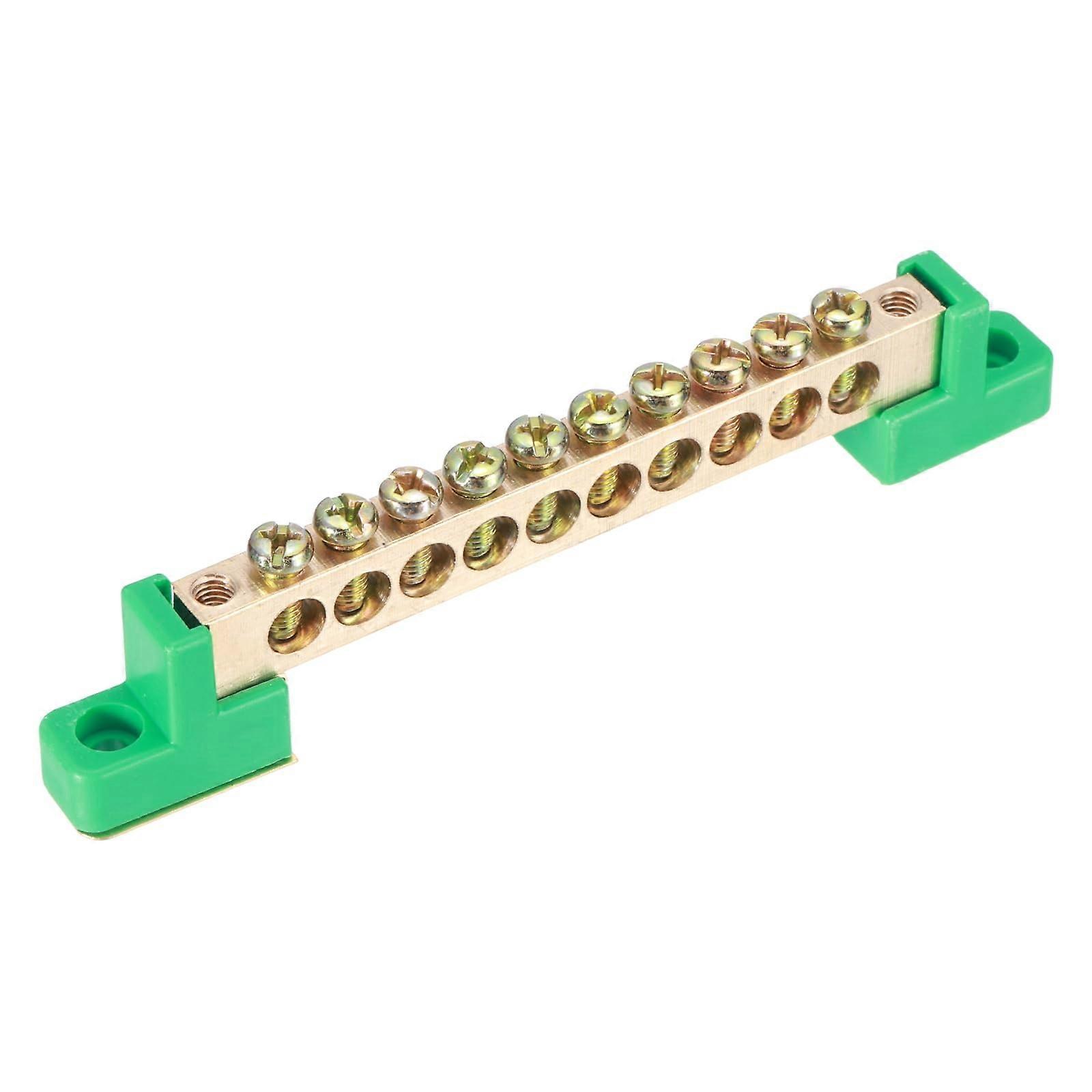 Terminal Block 10Position Bridge Design Brass Wire Screw Grounding Bus Bar Green 126x12x22mm