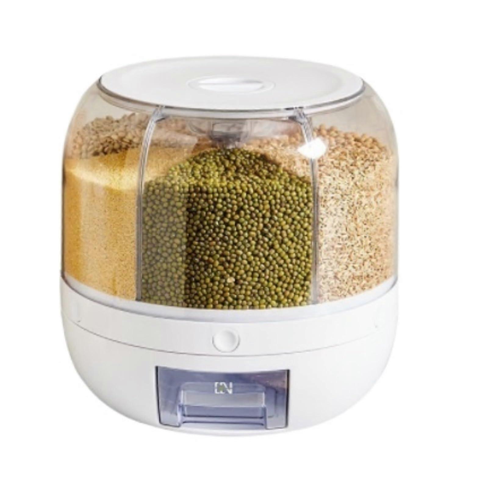 Rice Dispenser with 6 Grids 360° Rotating Airtight Cereal Storage Container for Kitchen 27cm White