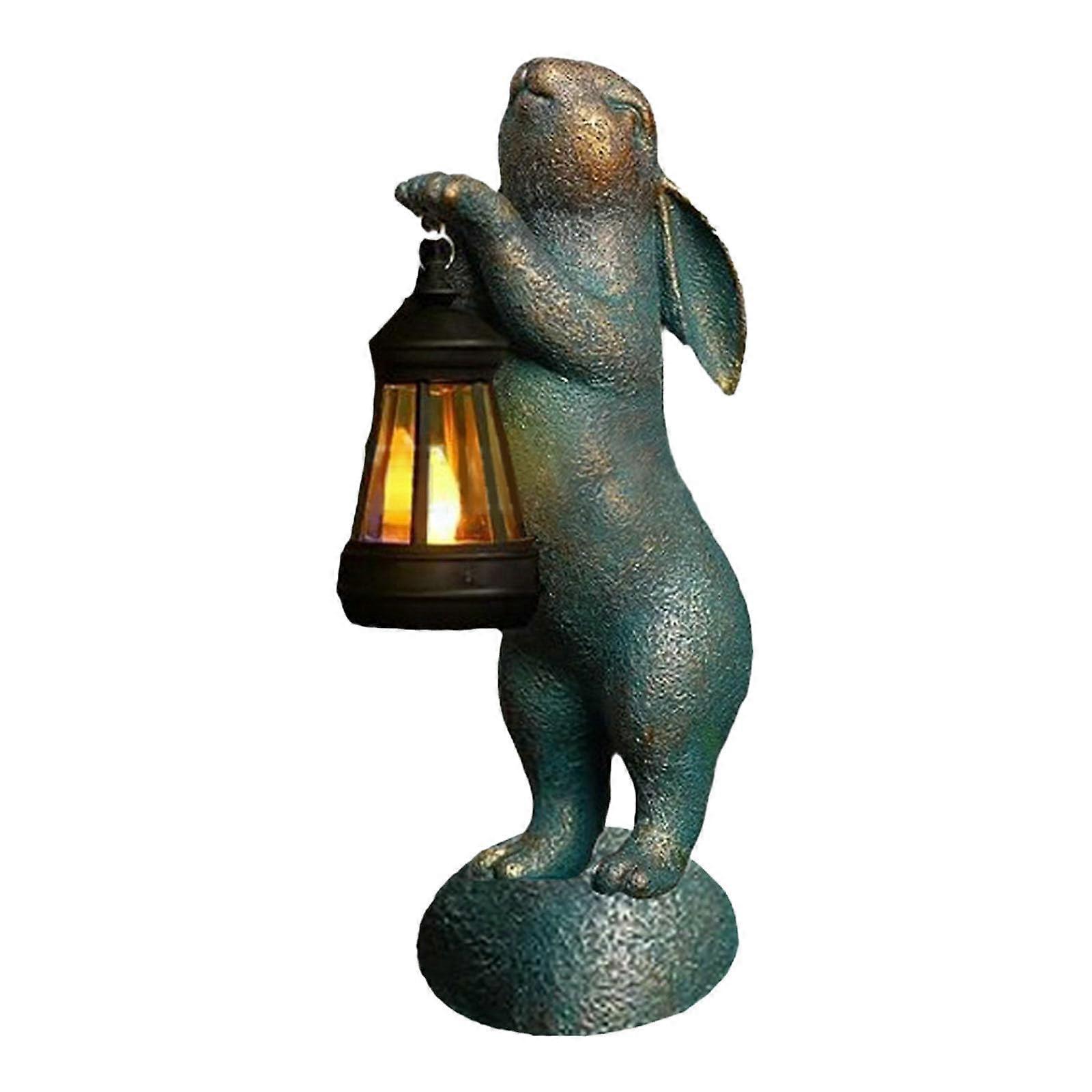 Solar Garden Statue Resin Rabbit with Lantern, Waterproof Bunny Yard Decor, Automatic Solar Charging