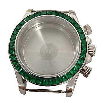 39mm PVD Watch Case with Stone Bezel for VK63 Quartz Movement Watch Accessories Steel Shell Green Stone