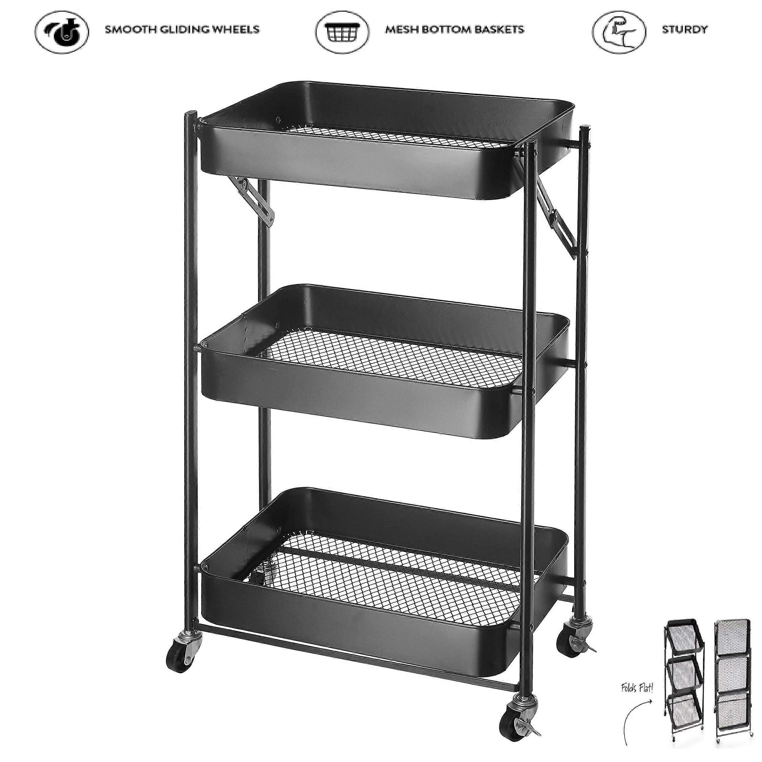 Rolling Utility Cart 3 Tier Foldable Metal Storage with Wheels, Black, SpaceSaving Design