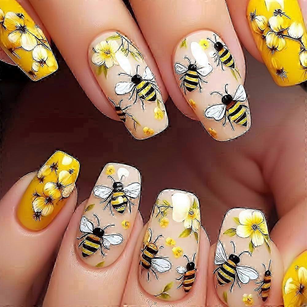 Medium Yellow Floral Bee Press On Nails