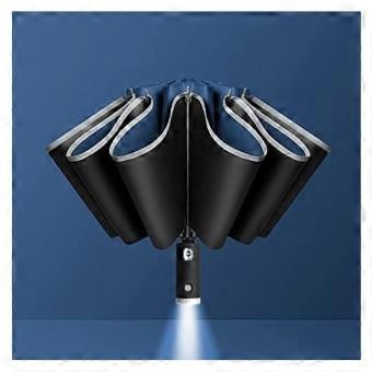 Windproof Travel Umbrella with LED Light Handle, Auto Open Close Reverse Folding Business Umbrella Blue