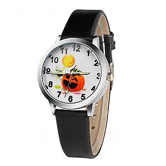Veeki Kinderuhr Mode Kürbis Halloween Cartoon Jungen Quarzuhr Leger Leder Mädchen Analoge Uhr, Leuchtende Zeigeruhr (schwarz)