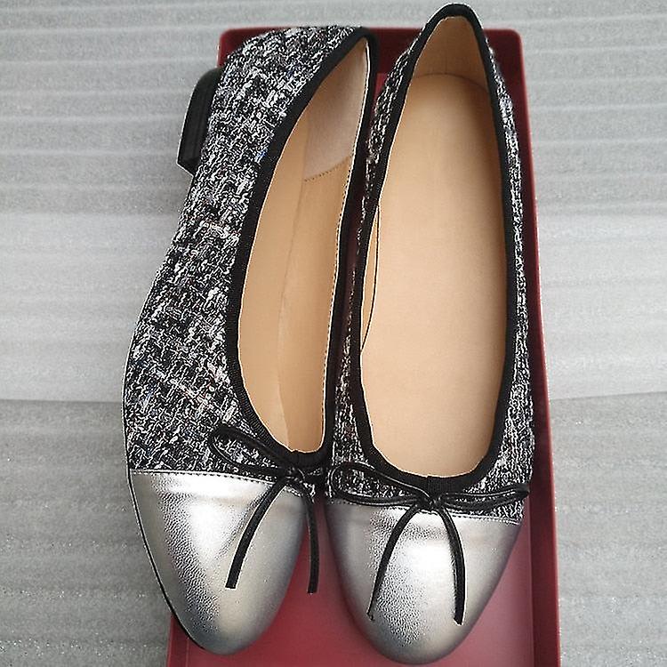 Flats Leather Splice Bow Round Ballet Shoes - Black Silver