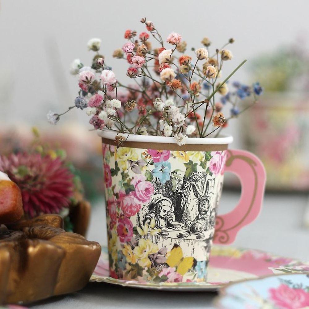 Truly Alice in Wonderland Paper Cups Handle and Saucers x 12 Mad Hatters Party