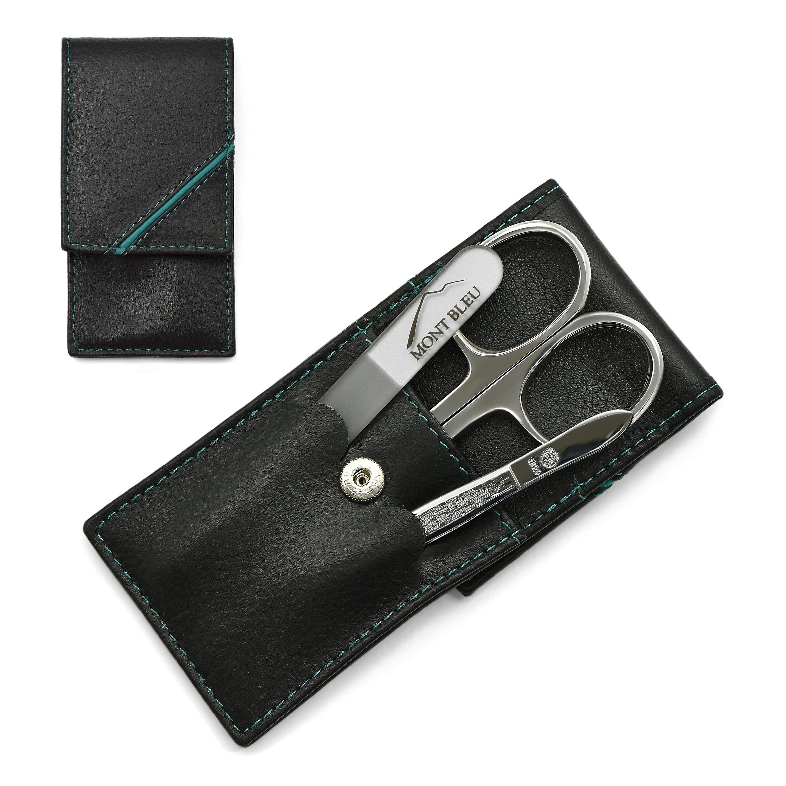 ハンス・クニーブスのゾンネンシャイン3ピースマニキュアセットレザーケース、ドイツ製 - ブラック/ガソリン