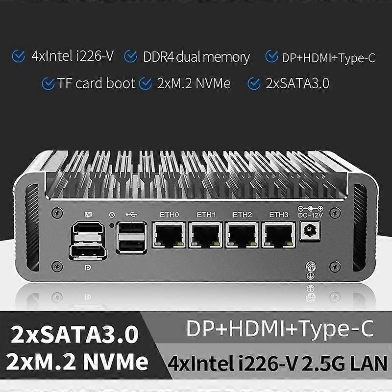 4x I226-V 2.5G Lan Fanless Firewall Mini Pc 12th Gen Intel Celeron J6413 Soft Router 2 * NVME 2 * SATA Proxmox Computer Esxi Aes-ni