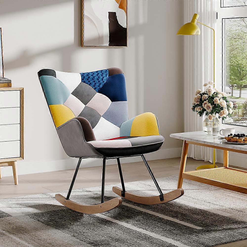 Colourful Patchwork Rocking Chair with Wood Legs