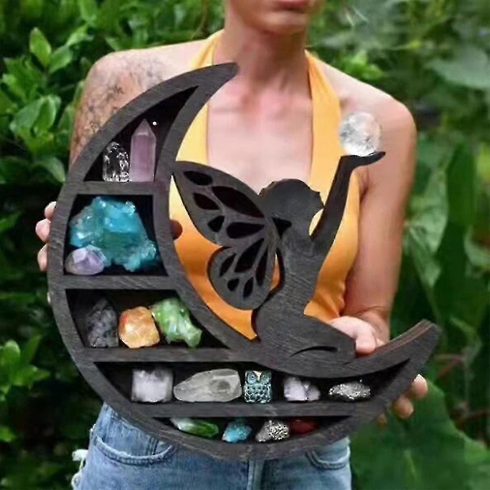 Heart / Moon Fairy Shape Wooden Floating Shelves Crystal Display Shelf Decor