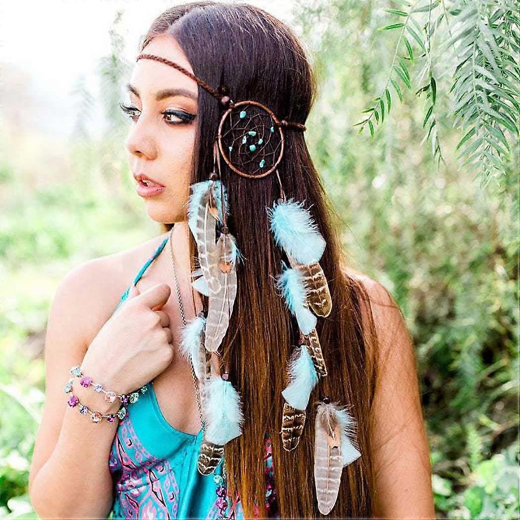 Feather Headband Brown Indian Turquoise Headpiece Dreamcatcher Hippie Head  Chain Festival Hair Jewelry Accessories