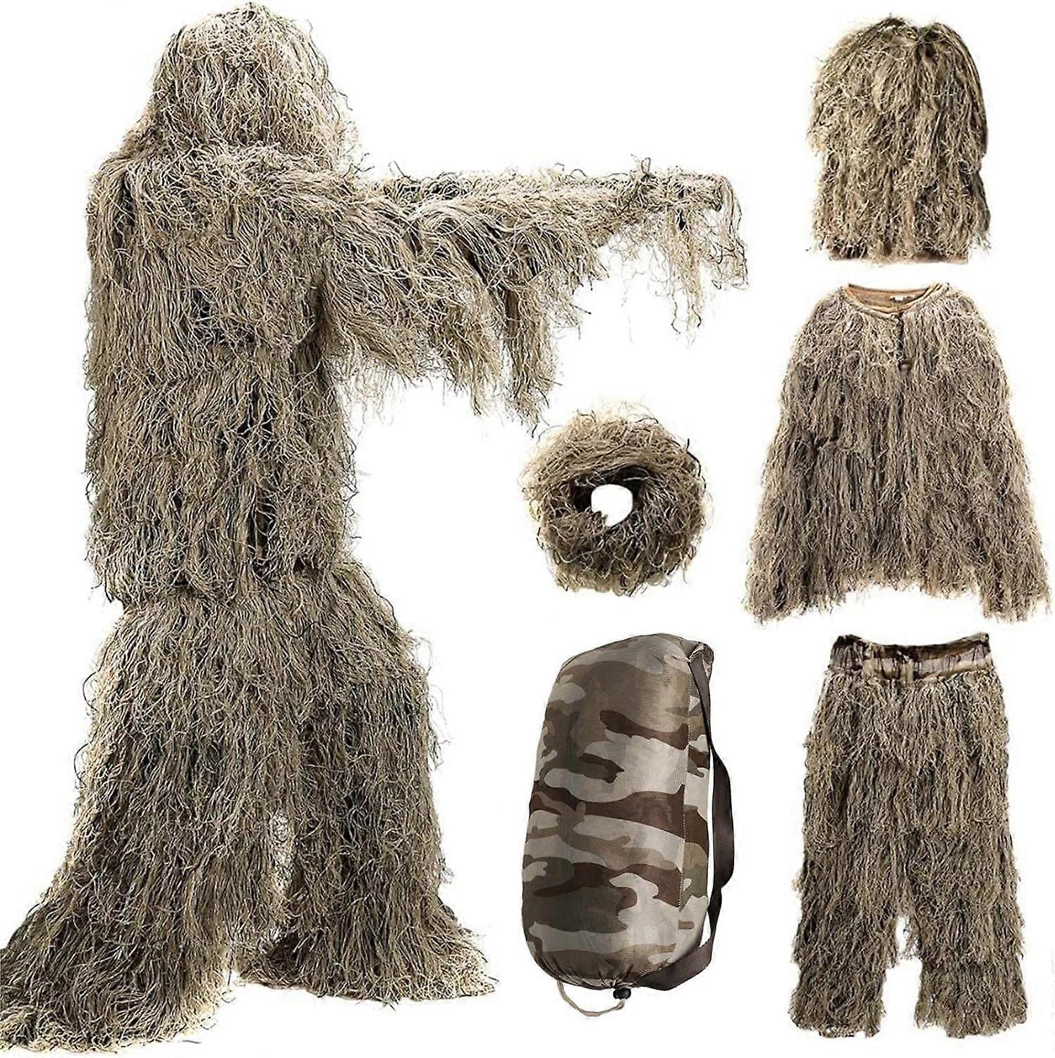 بدلة 5 في 1 Ghillie ، بدلات تمويه غابة ثلاثية الأبعاد بما في ذلك سترة ، بنطلون ، غطاء محرك السيارة ، حقيبة حمل مناسبة للبالغين للجنسين ، الأطفال ، المراهقين