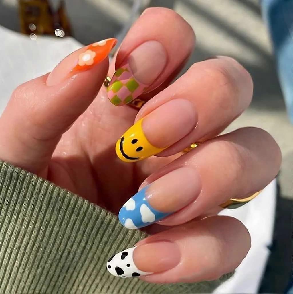 ネイルミディアムレングスアクリルネイルレインボーネイルデザイン女性と女の子のためのHeyteaフレンチプレス注:接着剤はありません。