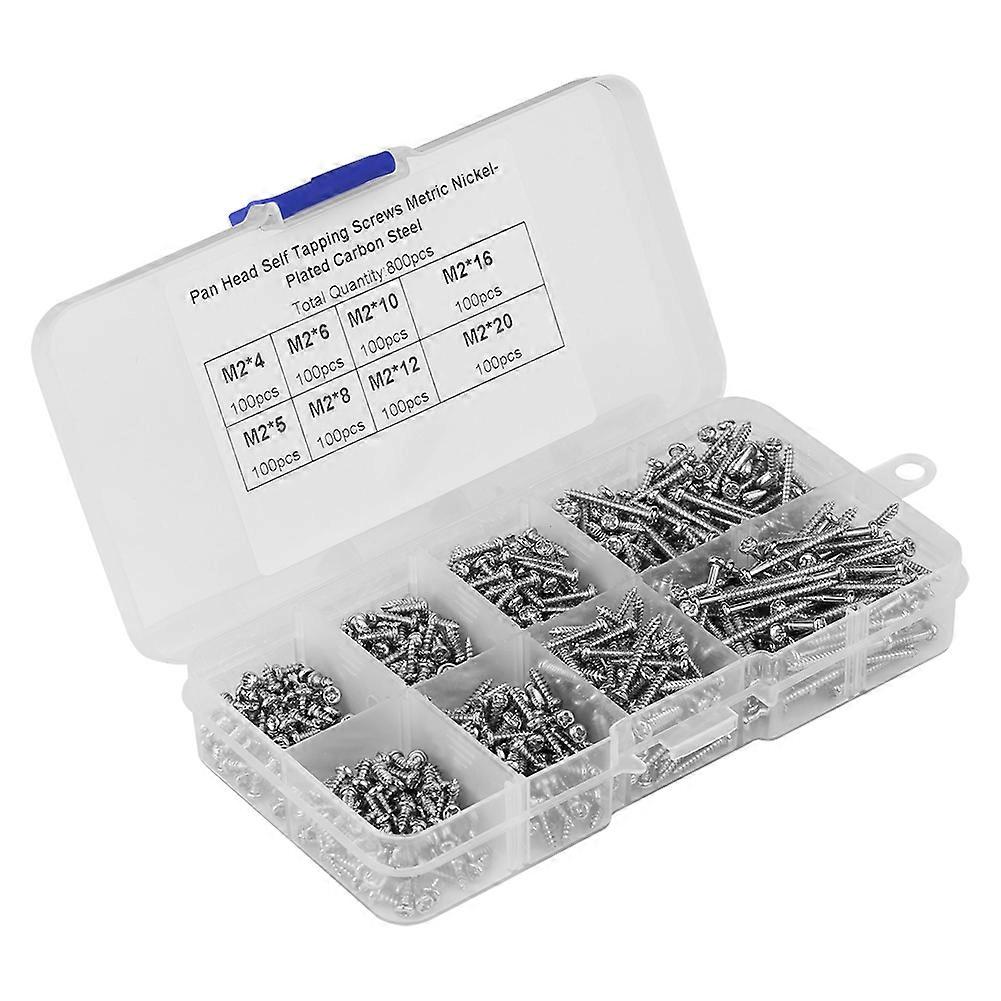 800pcs M2 Cross Drive Pan Head Self Tapping Screws Woodworking Fastener with Box