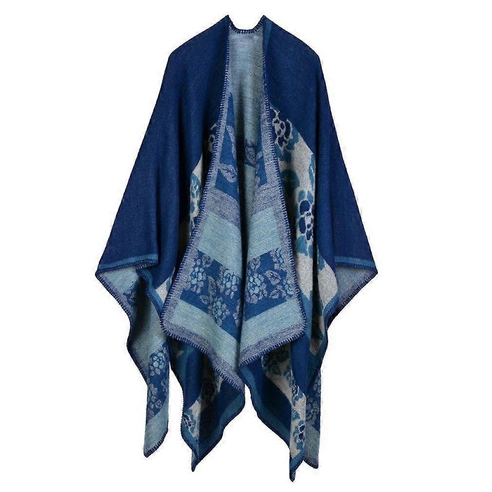 Jacquard Poncho Open Front Long Thicken Shawl and Wrap Cashmere Feel with Flower Pattern for Lady