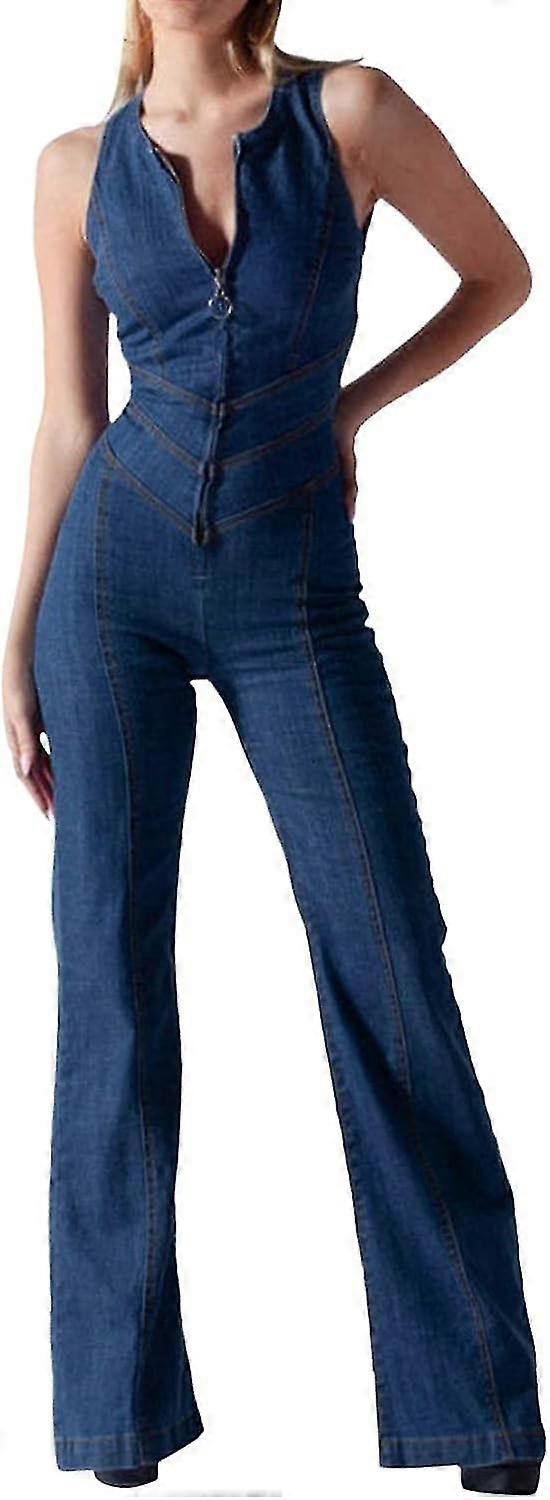 Moda Playsuits Tulum Denim, Yüksek Bel, Kolsuz